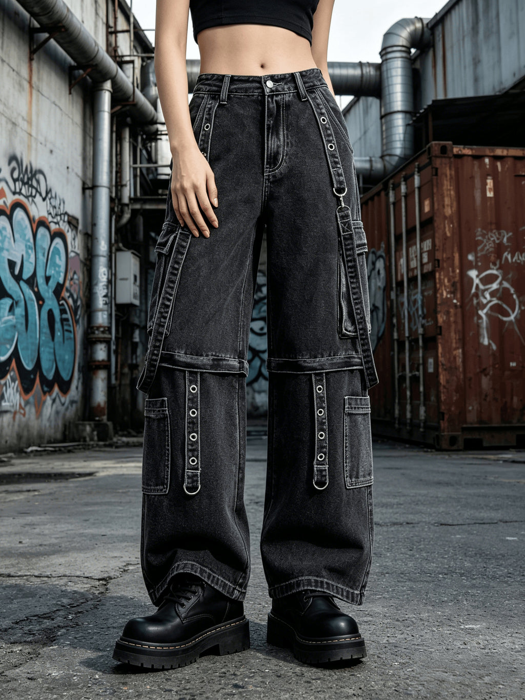 Dark Techwear Style Wide Leg Cargo Denim Jeans Street Subculture Outfit Daily Casual - Dark Gray