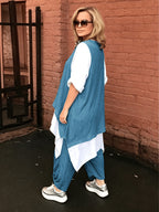 Plus Size, Plus Size Ethnic 2pcs Outfit, Color Block Spliced Mid-length Top + Pleated Cuff Harem Pants, Breathable Imitation Casual Set - Blue