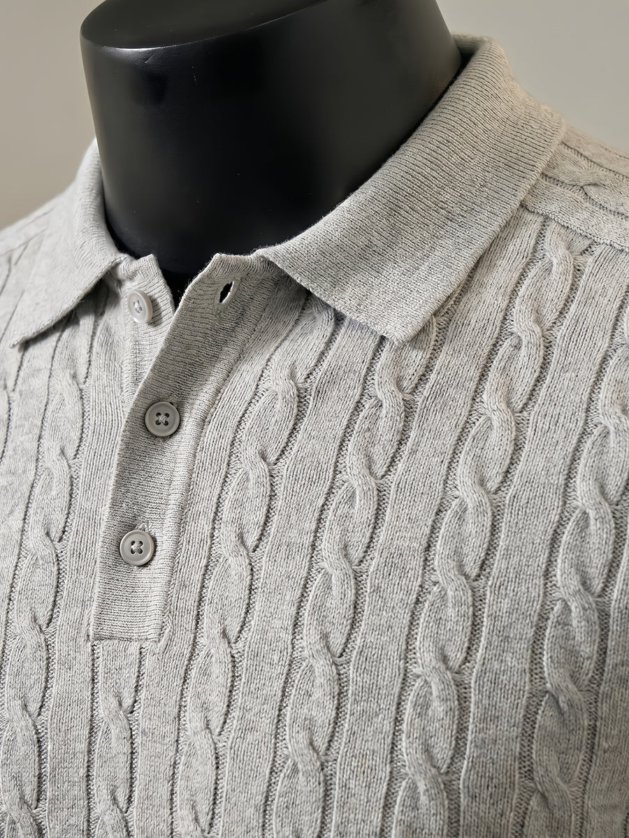 Short Sleeve Knit Sweater 2026 Spring/Summer New Arrival Cable Knit Lapel Slimming Pullover Top, Vertical Stripes with Intricate Cable Knit Slimming Texture, Light Luxury Business High-Quality Style, Fashionable, Simple, and Handsome - Grey