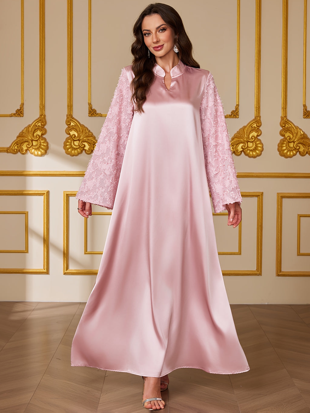 V-Neck Flared Sleeve Faux Pearl Embellished Elegant Arabic Dress - Pink Color