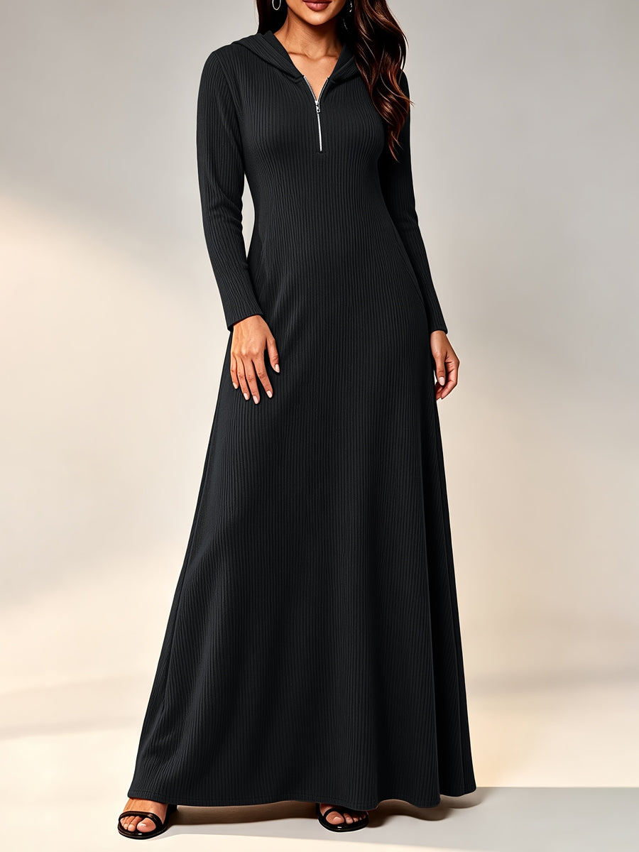 Plus Size - Western Plus Size Women'S Ribbed Hooded Long Dress, Half-Open Zipper Long Sleeve Fitted Flared Casual Floor-Length Skirt - Black
