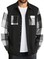 Men'S Spring And Autumn Black Casual Button-Up Shirt, Checkered Splicing Sleeves with 2 Pockets, Flannel Splicing Color-Contrasting Long Sleeve Top, Breathable Lightweight Autumn Coat S-XXXL, Halloween Gift for Boyfriend Father - Black And White Plaid