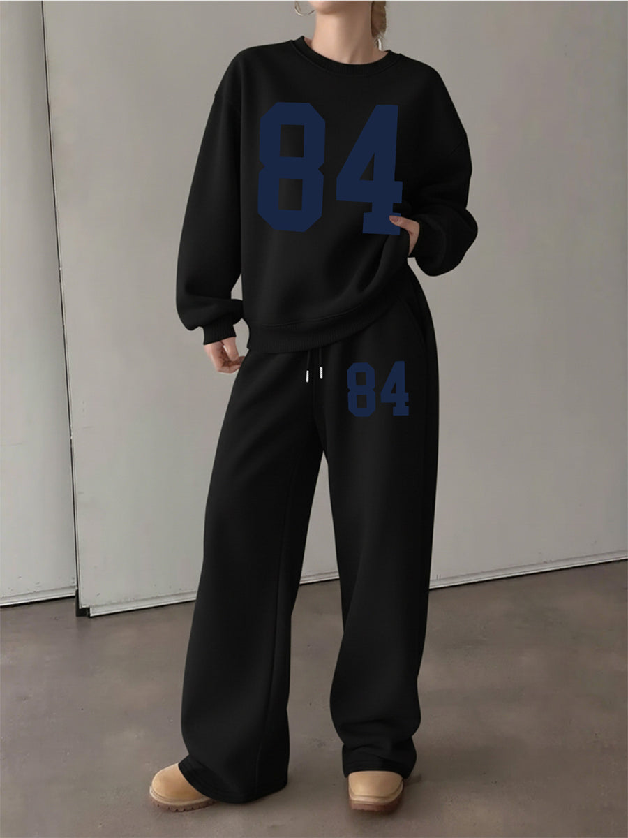 Graphic Print Two-Piece Set, Crew Neck Sweatshirt And Pants, Women'S Clothing - Black