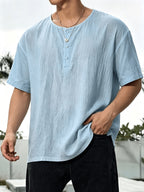 2pcs Men'S Linen Henley Shirt Set, Short Sleeve And Long Sleeve 2pcs Combination, Loose Breathable Vacation Style Casual Top - Sky Blue