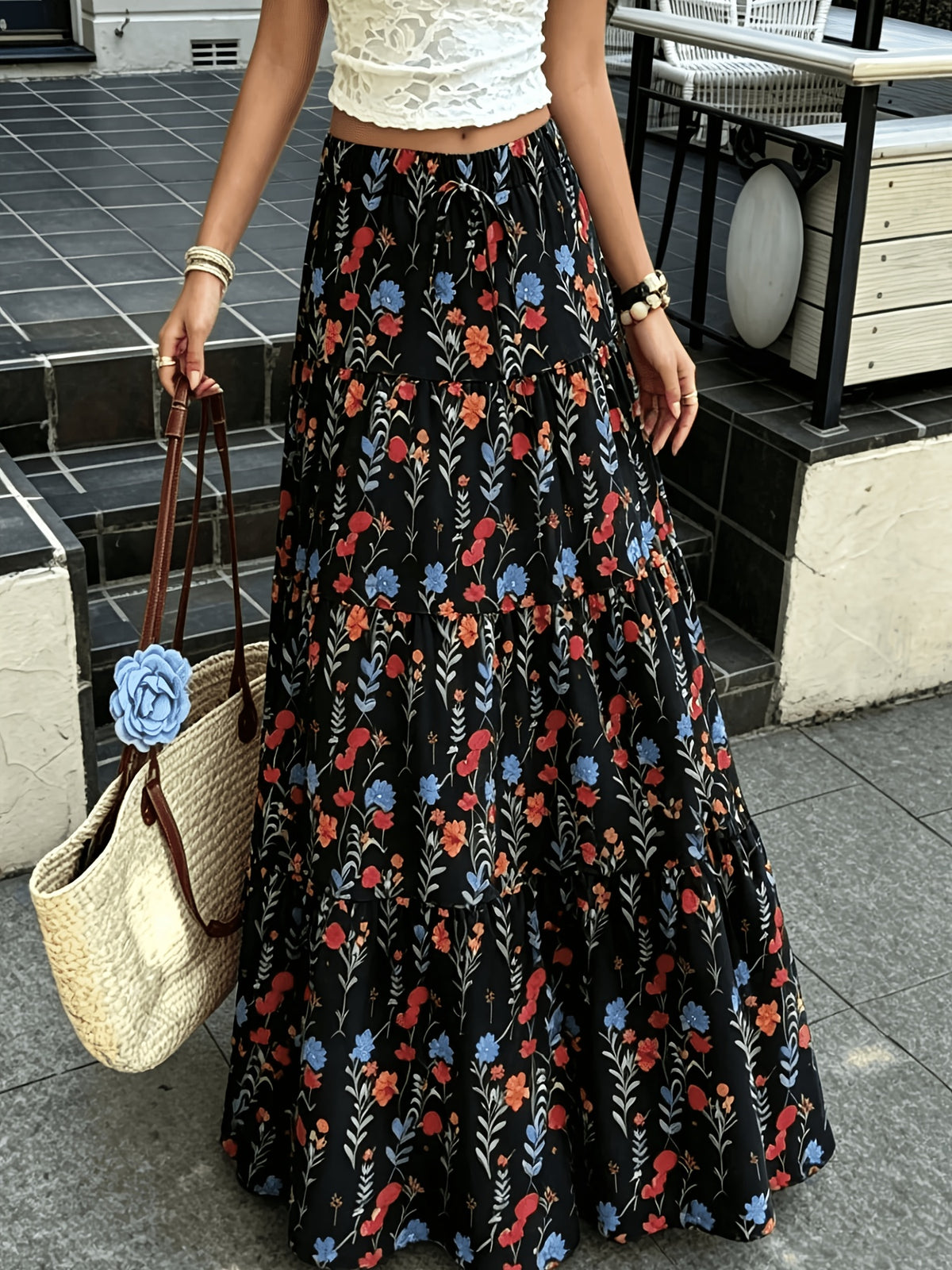 Women'S Autumn Vacation Country Style Floral Long Half Skirt, Commute Daily, Outing Wear, with Drawstring Detail, Spring Summer Fall Winter All Seasons - Polychrome