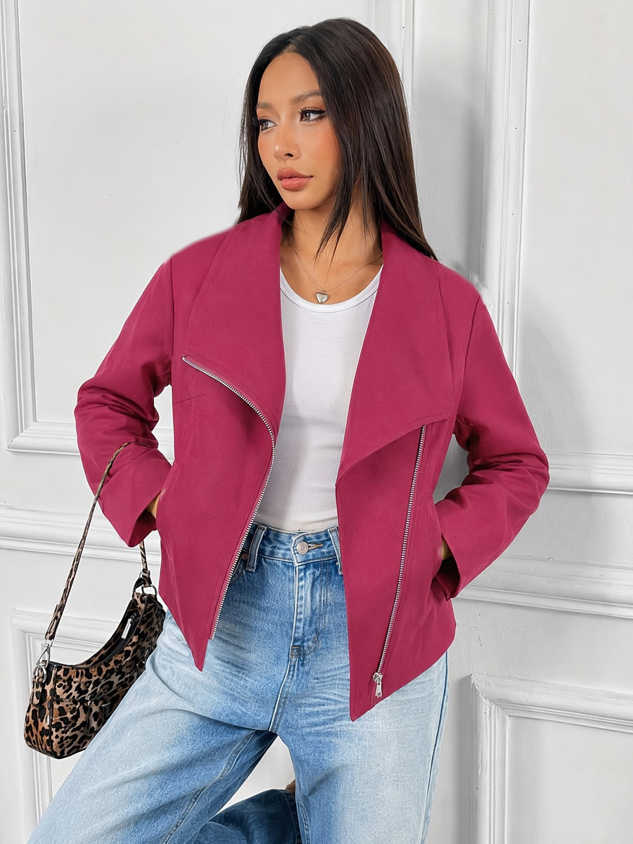 Autumn Winter New European Style Premium Asymmetrical Lapel Diagonal Zipper Short Jacket Solid Color Long Sleeve Top - Rose Red