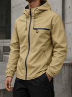 Men's Hooded Functional Jacket, Outdoor Casual Windproof Outerwear, Stand Collar Zipper Multi-Pocket Top, Spring/Autumn Urban Commuting Sports Jacket - Khaki