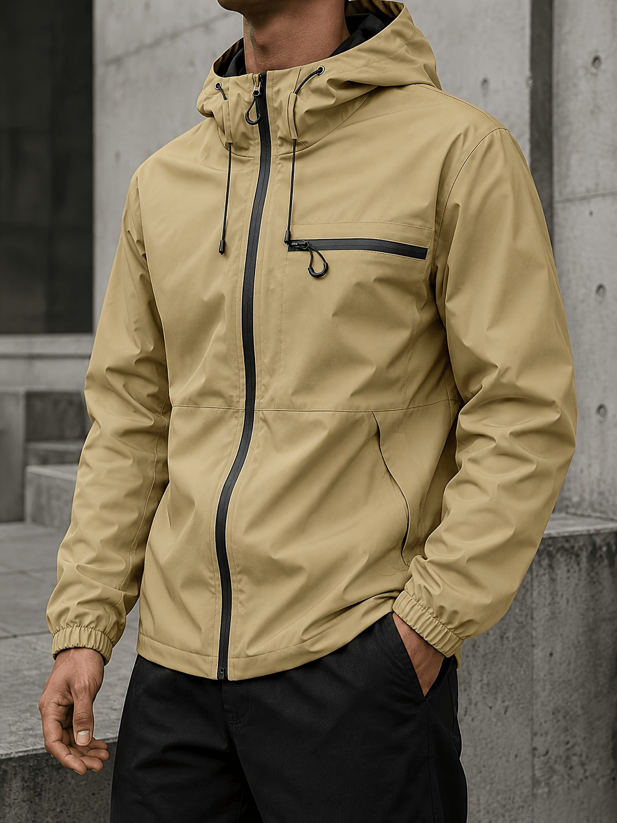Men's Hooded Functional Jacket, Outdoor Casual Windproof Outerwear, Stand Collar Zipper Multi-Pocket Top, Spring/Autumn Urban Commuting Sports Jacket - Khaki