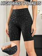 Summer Thin Black Leopard Print Side Pockets Phone Storage Hot Pants, High-Waist Butt-Lifting Tummy-Flattening Riding Shorts with Phone Pockets, Casual Shark Shorts - Black