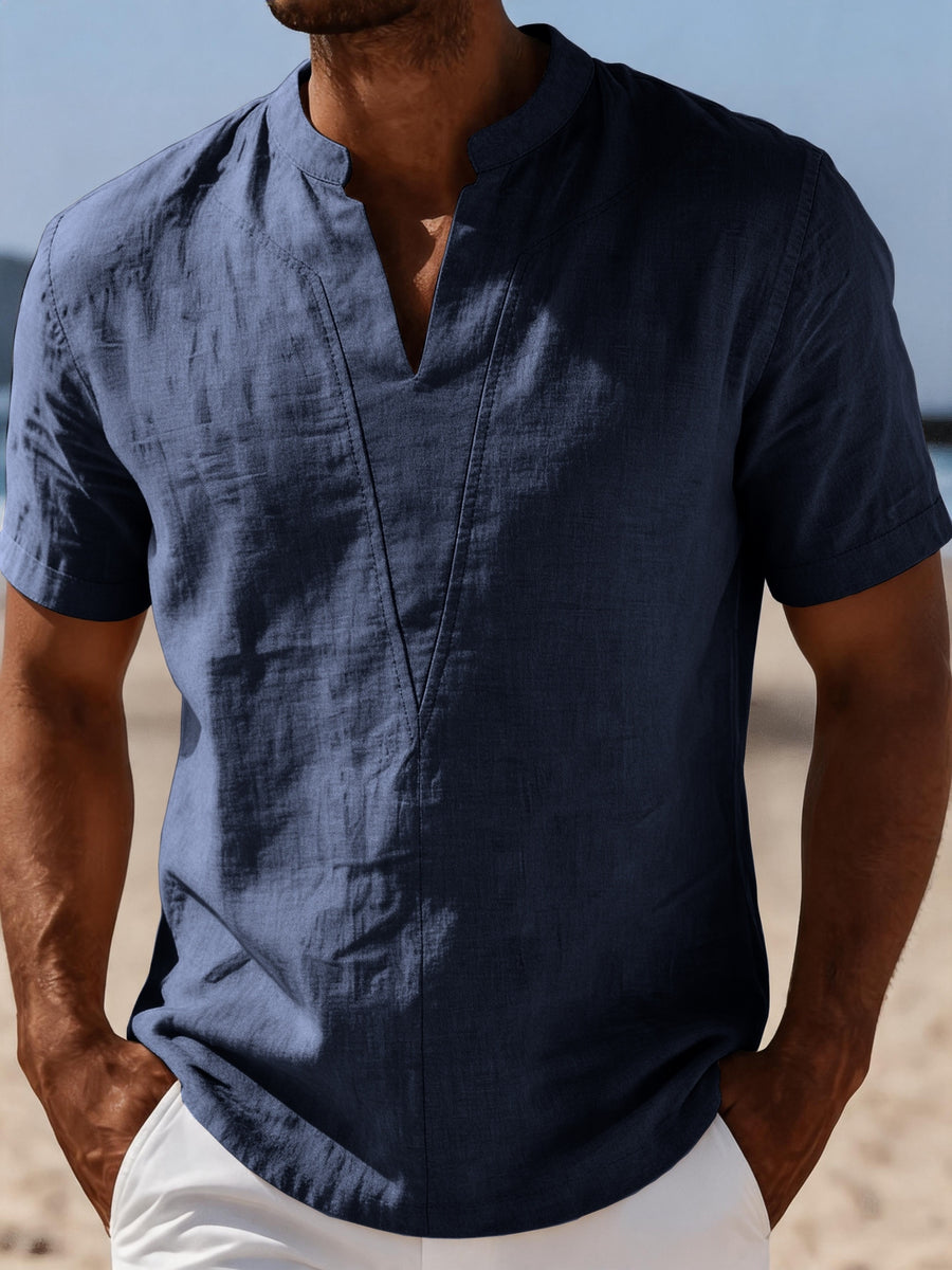 Men's Casual V-Neck Linen Short-Sleeve Shirt, Lightweight and Breathable with a Short-sleeve Design, Suitable for Summer Wear. Features a Loose Fit and Solid Color for Comfort, Ideal for Beach Vacations, Resort Hotel Trips, and Daily Wear - Navy Color