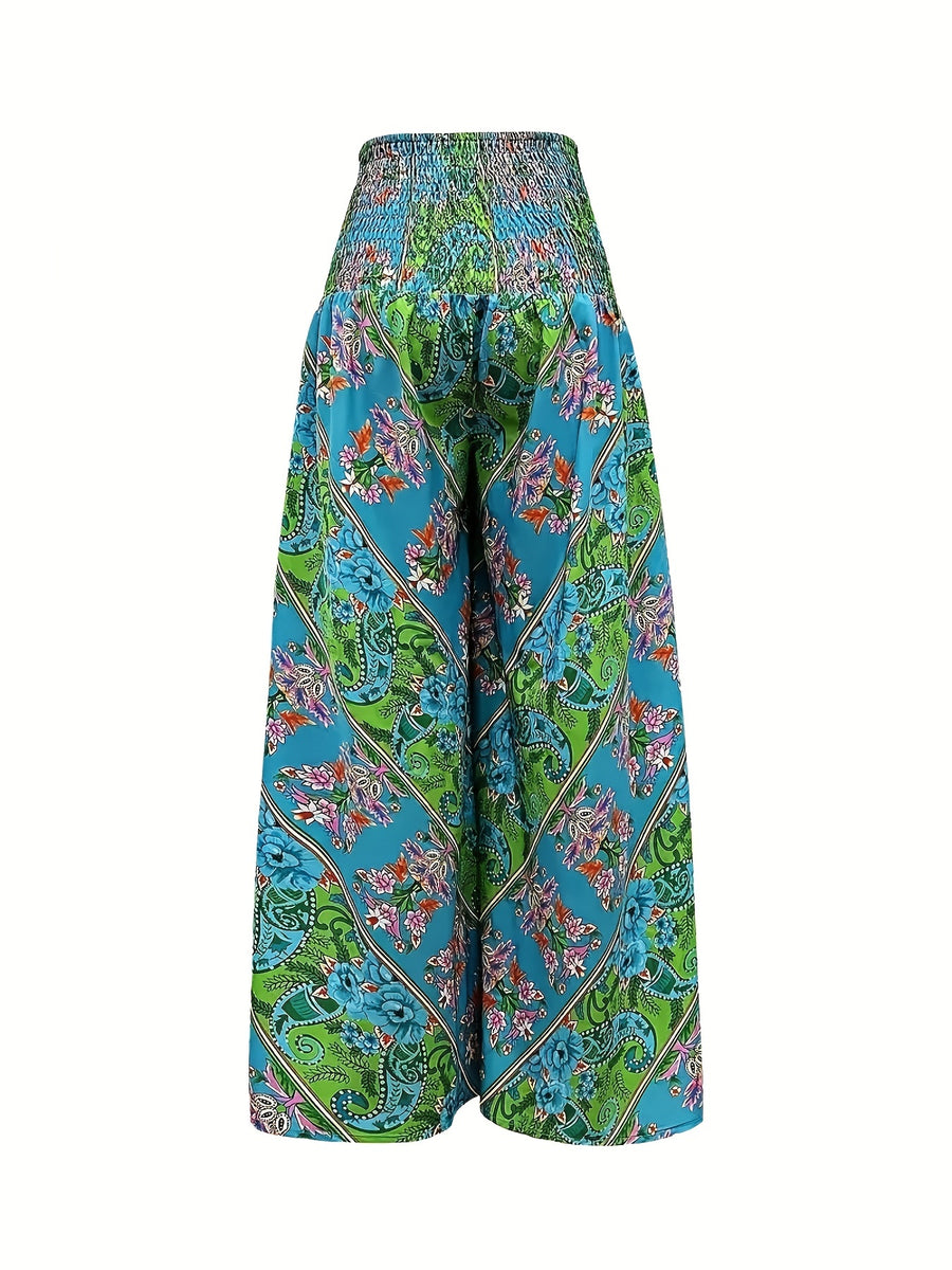 Women's Bohemian Print Pleated Waist Skort - Green Flower
