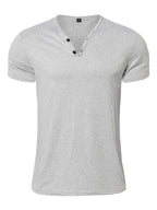 Men's Quick-Dry Moisture-Wicking Henley Shirt - Lightweight Breathable Stretch V-Neck Button-Front Collar T-Shirt Suitable for Gym, Outdoor, & Casual Wear, Solid Color Short Sleeve for Daily Activities & Summer Training (Machine Washable) - Light Grey