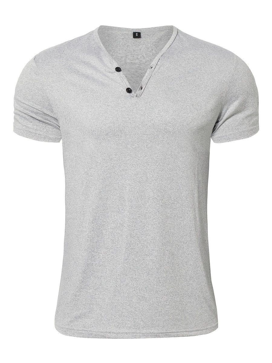 Men's Quick-Dry Moisture-Wicking Henley Shirt - Lightweight Breathable Stretch V-Neck Button-Front Collar T-Shirt Suitable for Gym, Outdoor, & Casual Wear, Solid Color Short Sleeve for Daily Activities & Summer Training (Machine Washable) - Light Grey