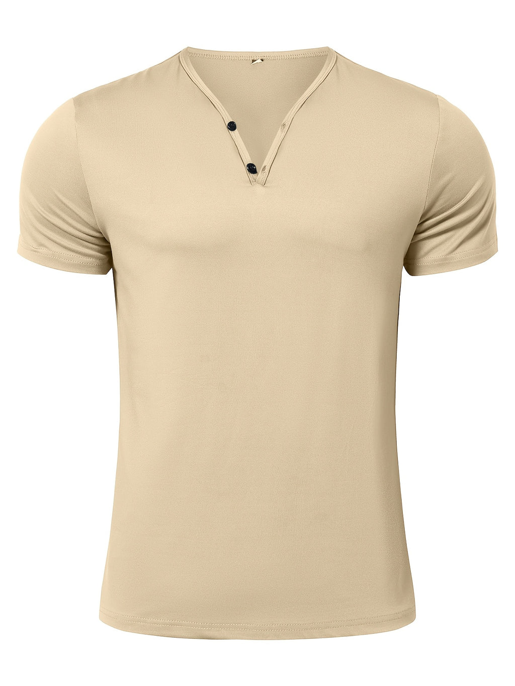 Men's Quick-Dry Moisture-Wicking Henley Shirt - Lightweight Breathable Stretch V-Neck Button-Front Collar T-Shirt Suitable for Gym, Outdoor, & Casual Wear, Solid Color Short Sleeve for Daily Activities & Summer Training (Machine Washable) - Khaki