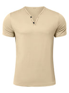 Men's Quick-Dry Moisture-Wicking Henley Shirt - Lightweight Breathable Stretch V-Neck Button-Front Collar T-Shirt Suitable for Gym, Outdoor, & Casual Wear, Solid Color Short Sleeve for Daily Activities & Summer Training (Machine Washable) - Khaki