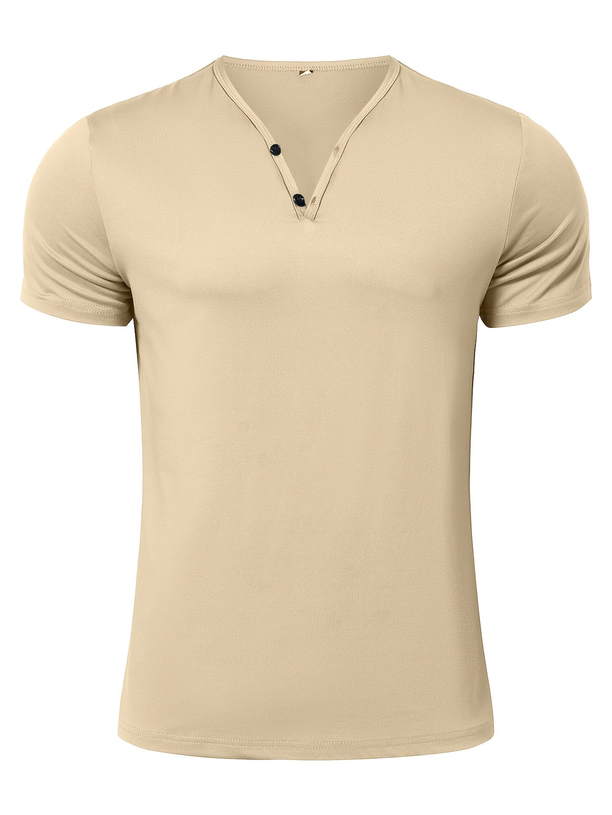 Men's Quick-Dry Moisture-Wicking Henley Shirt - Lightweight Breathable Stretch V-Neck Button-Front Collar T-Shirt Suitable for Gym, Outdoor, & Casual Wear, Solid Color Short Sleeve for Daily Activities & Summer Training (Machine Washable) - Khaki