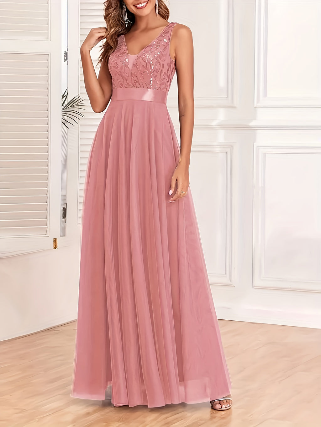 Fashionable Sexy New Women'S Sequin Mesh Patchwork A-Line Party Dress - Peach