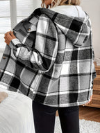 Women'S Casual Plaid Fleece Lined Hooded Regular Jacket, Napped Plaid Fleece-Lined Women'S Top, Hooded Shirt - Deep Grey