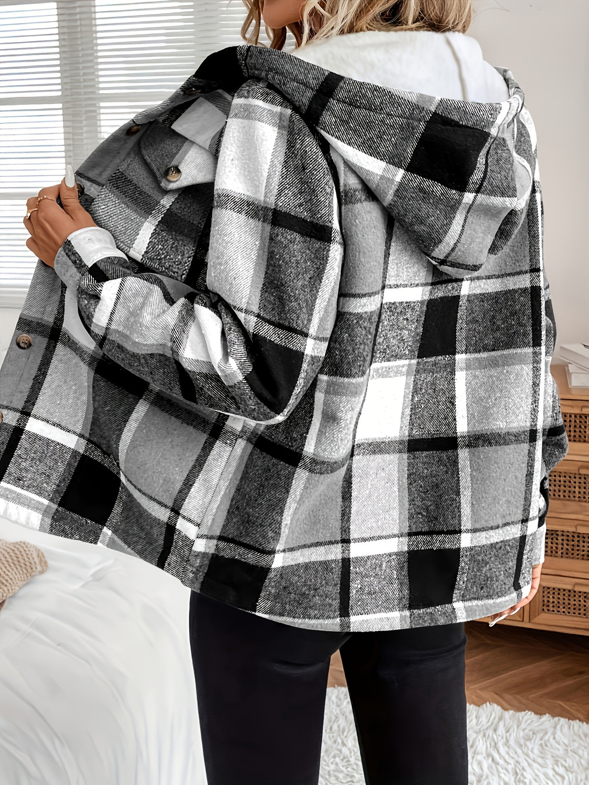 Women'S Casual Plaid Fleece Lined Hooded Regular Jacket, Napped Plaid Fleece-Lined Women'S Top, Hooded Shirt - Deep Grey