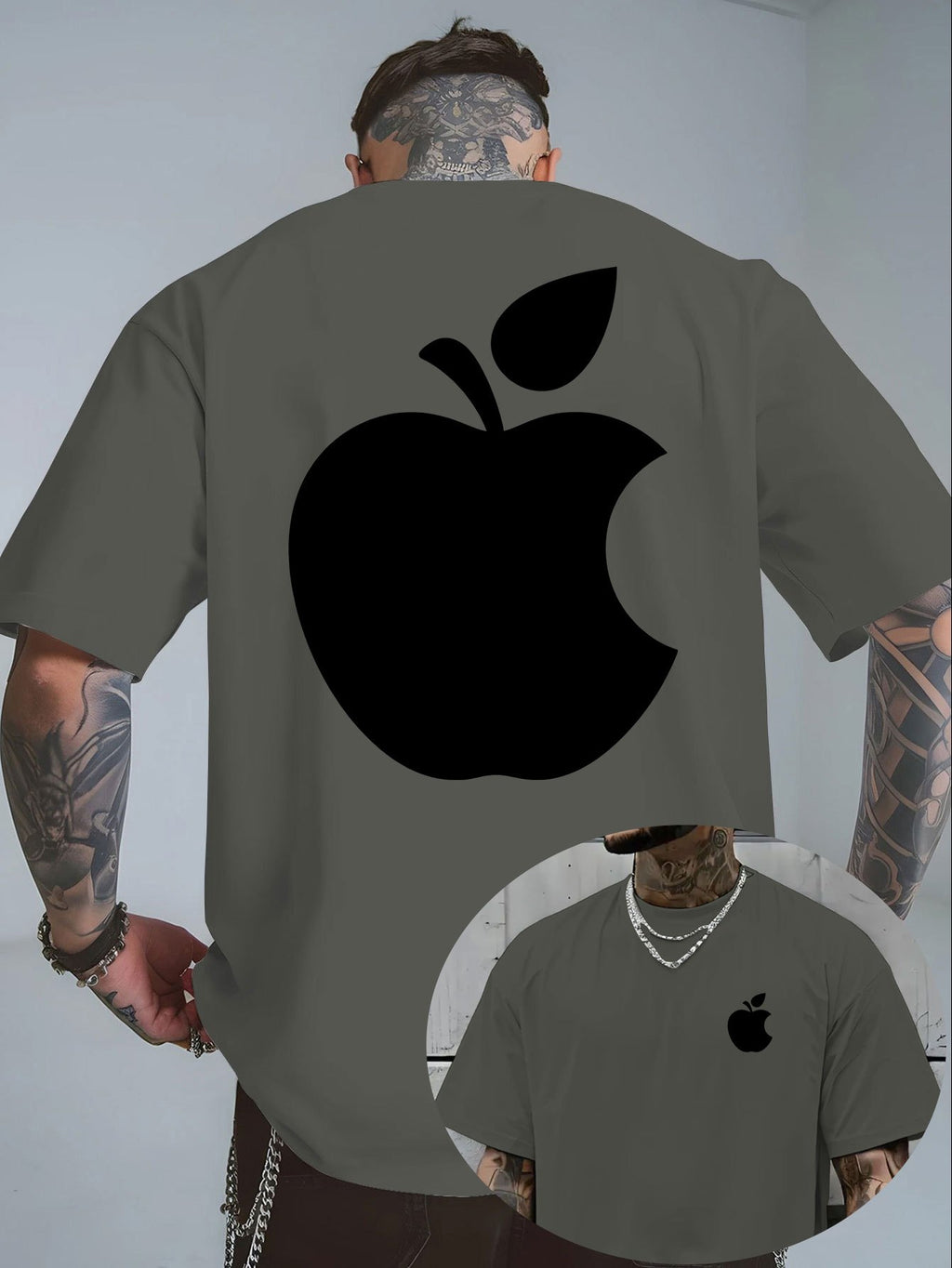Men's T-Shirt Summer Short Sleeve Lightweight Top Black Big Apple Print Oversized Men's T-Shirt Streetwear Niche High Street Style  Casual Top! Round-neck Short Sleeve Top, Relaxed Loose Knit T-shirt, Suitable for Daily Wear, Casual Sport - Graphite Color