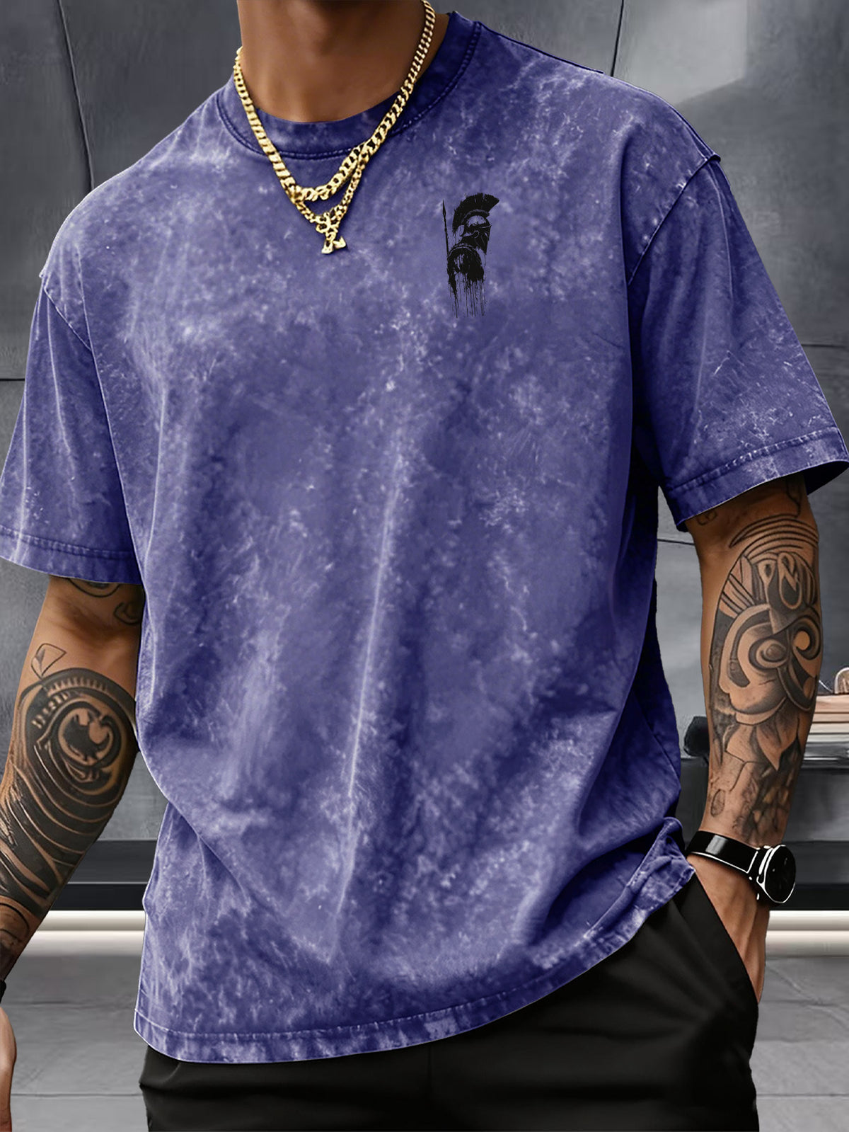 Short Sleeve T-Shirt, 100% Washed Distressed Loose Fit, Front And Back Double Print of Dark Ink Warriors, Casual Street Y2K Hip-Hop Style Couple'S Daily Commute Fitness Outing Statement Top - Royal Blue