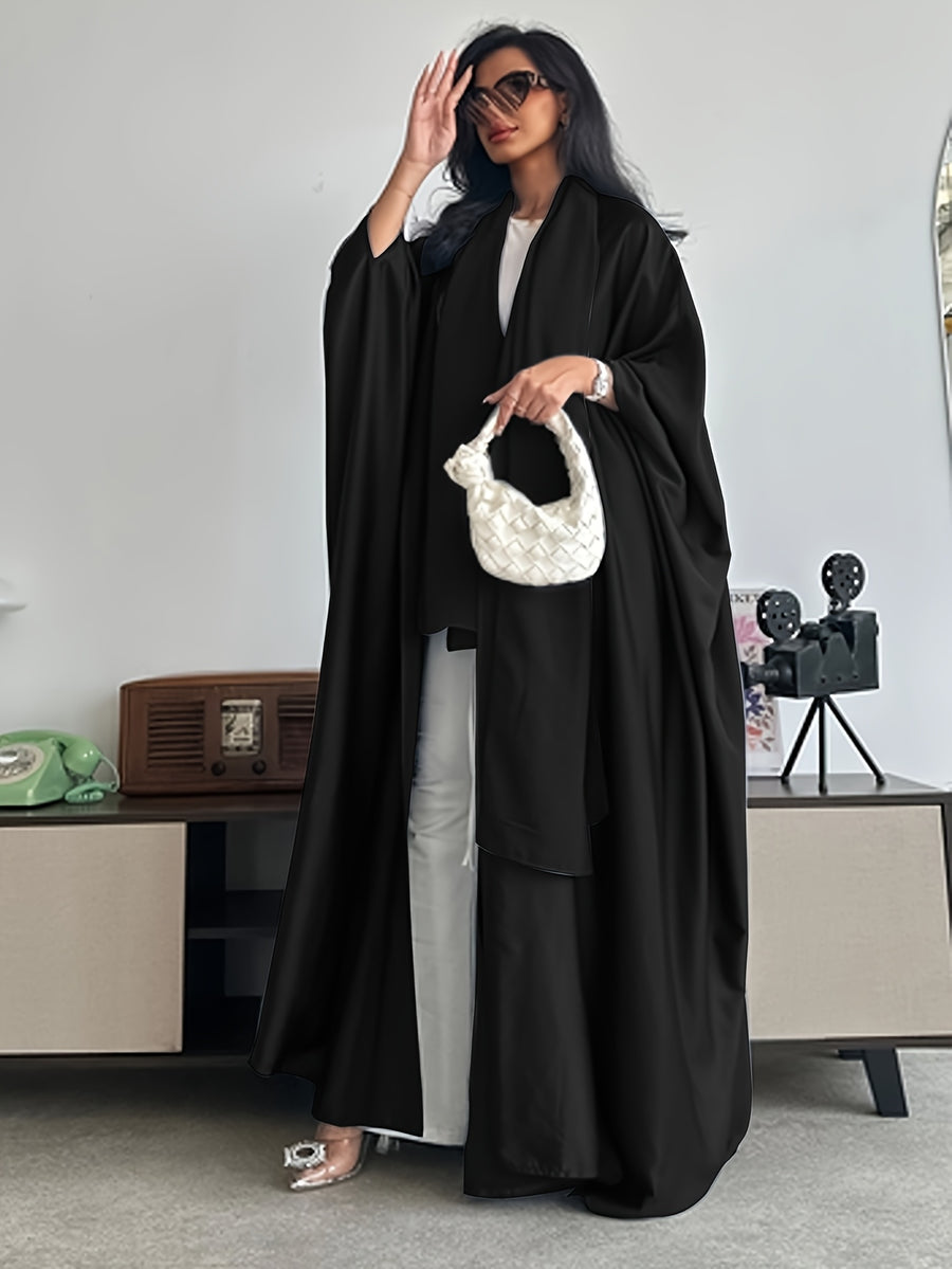 Middle Eastern Muslim Solid Color Loose Robe with Batwing Sleeves, Long Dubai Cardigan with Headscarf - Black