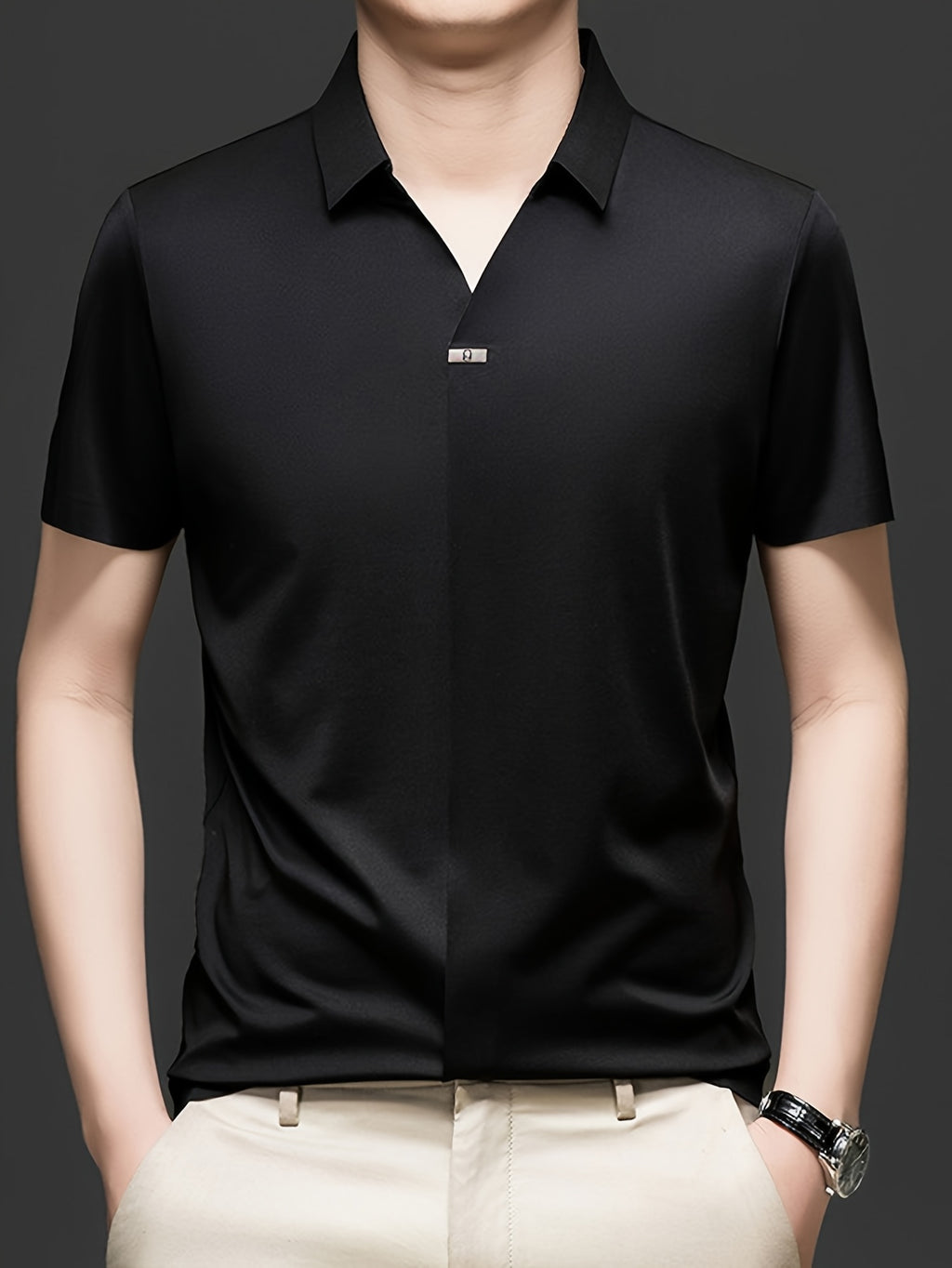 Summer New Men'S Short Sleeve Shirt Outerwear Fashion Trendy All-Match V-Neck Polo Collar - SINBOS - Black