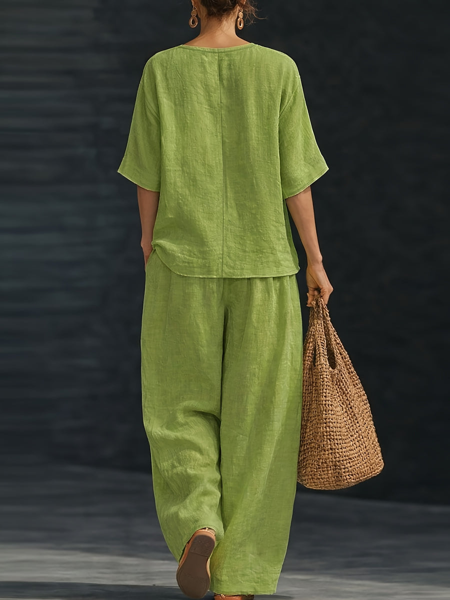 Women's Summer Casual 2pcs Set: Loose V-Neck Top + Wide-Leg Pants - Olive