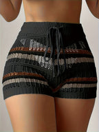 New Women'S Stylish And Elegant Color-Blocked Striped Hollow-Out Shorts - Black