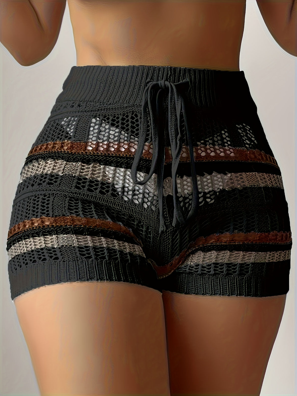 New Women'S Stylish And Elegant Color-Blocked Striped Hollow-Out Shorts - Black