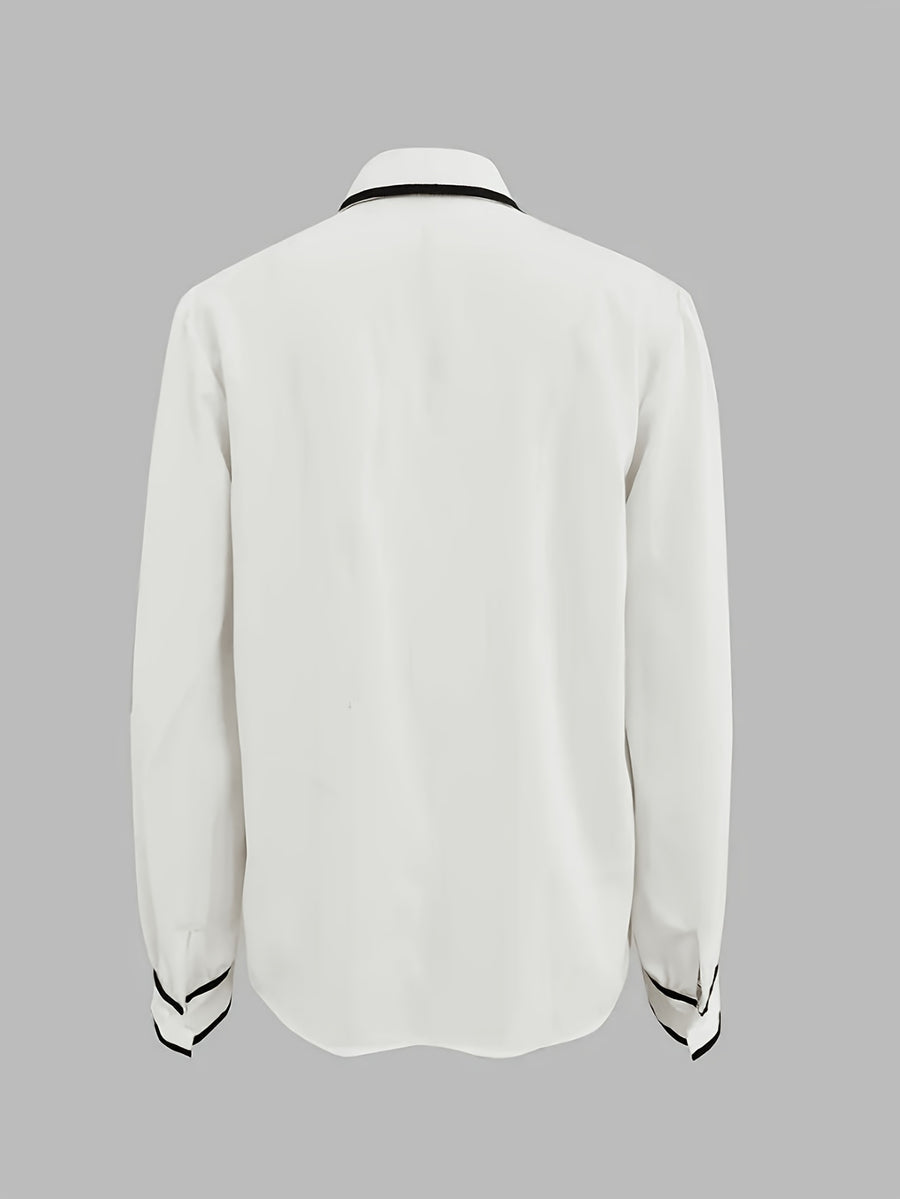 Women'S New Black And White Color-Blocked Piping Knotted Elegant Long-Sleeved Shirt Top - White