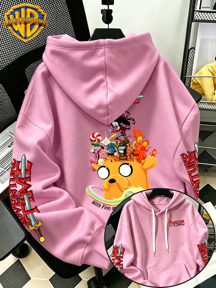 Warner Bros. Men's New Trendy Hoodie with Adventure Time Jake's Head Crowd Cartoon Graphic Print, Casual Hooded Sweatshirt, Daily Drawstring Loose Pullover Top, Machine Washable Versatile Sporty Casual Men's Top - Pink Color
