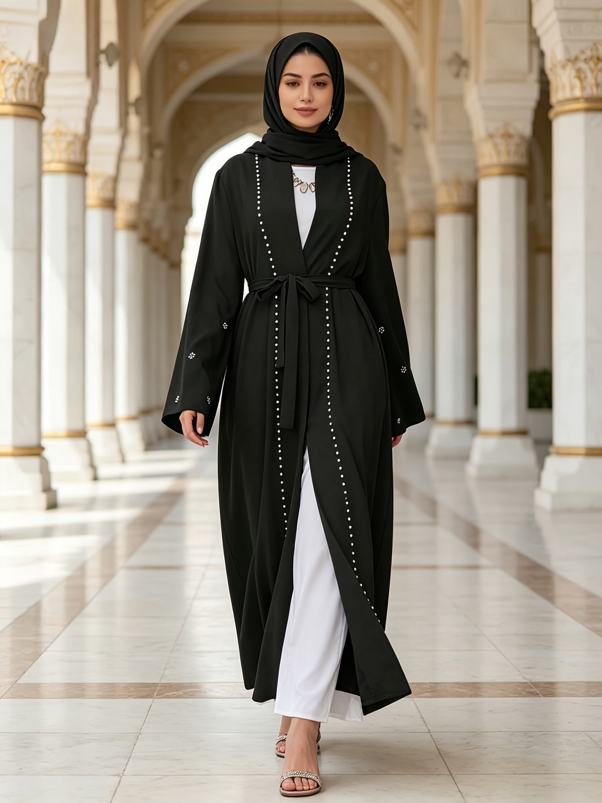 1pc Fashionable, Elegant And Casual, This Pearl-Studded Solid-Colored Abaya Cardigan Is Perfect for Everyday Wear. It Is Loose And Comfortable for Women. Muslim Women Clothes Abayas for Women Muslim Long Frocks for Women Jebba Tunisienne Femme - Black
