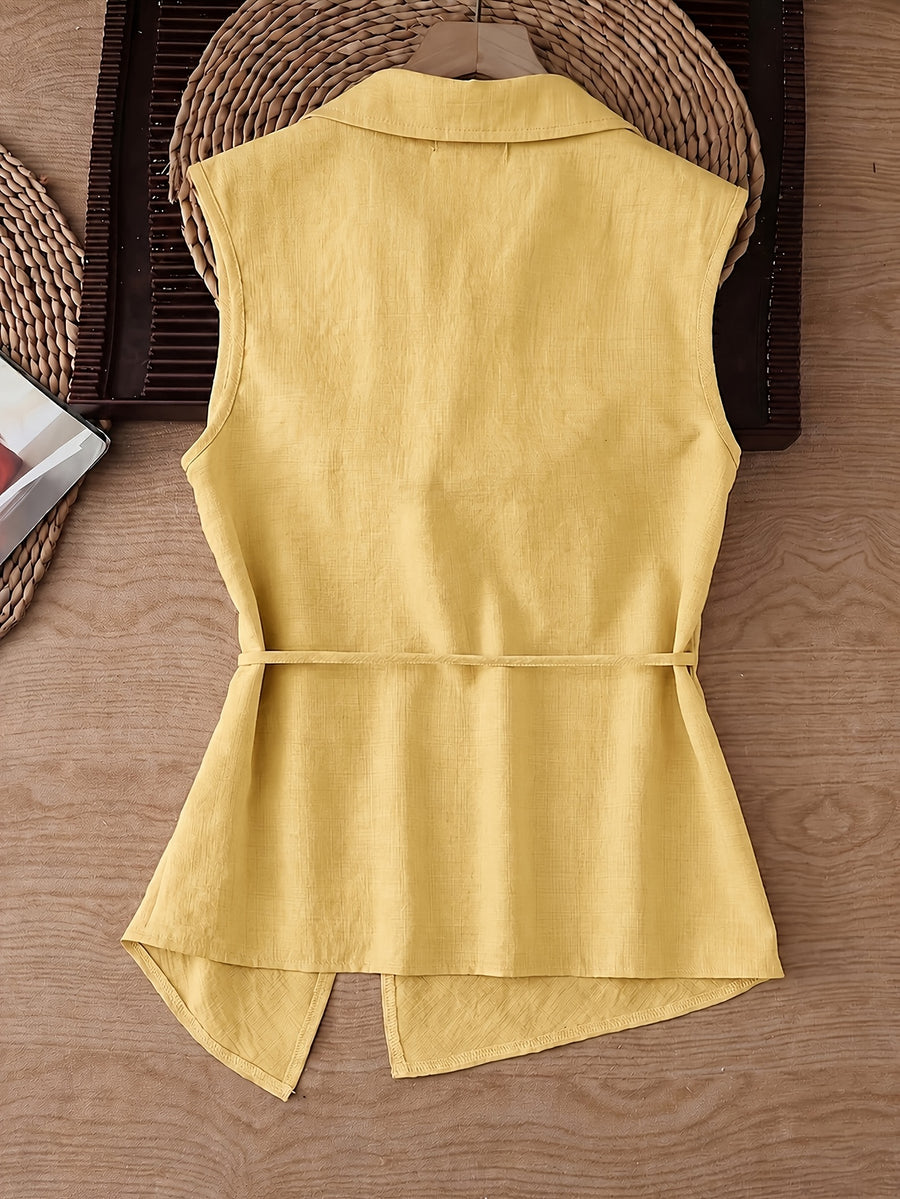 2026 New Sleeveless Vest, Lapel Tie-Waist Waist-Cinching Commuter Temperament Outer Top - Lemon Yellow