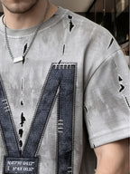 Men's Vintage American Oversized T-Shirt with M Letter Print - Loose Fit Crew Neck Short Sleeve Summer Casual Streetwear Top, Suitable for Casual Attire & Layering, Machine Washable Non- Shirt - Mixed colors