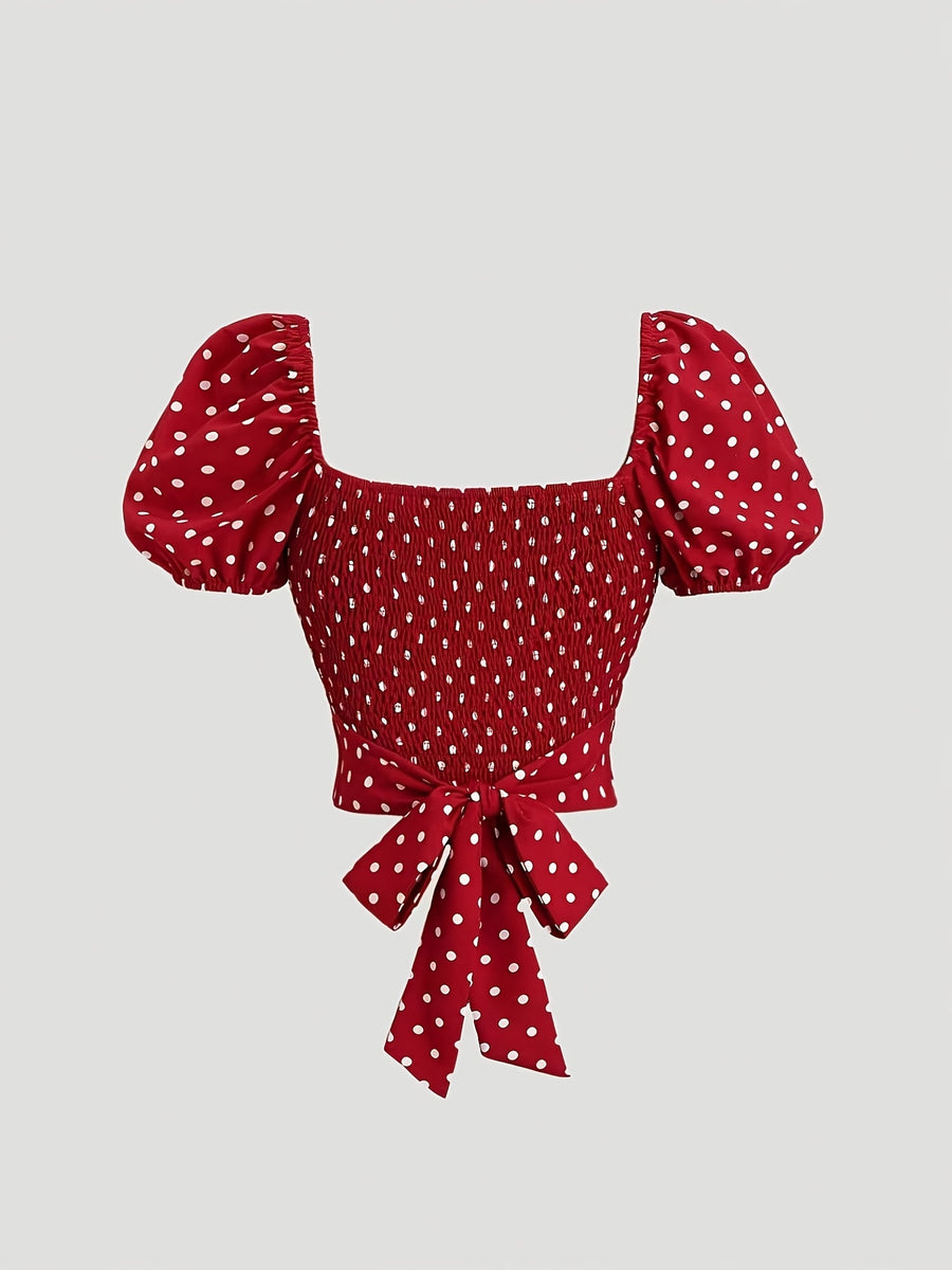 Women's Vintage Red Polka Dot Puff Sleeve V-Neck Crop Top with Tie Straps, Suitable for Daily Fashion and Date Necessities - Red