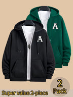 50% Cotton, 50% Polyester, 2-Pack Men's Zippered Hooded Fleece-Lined Sweatshirt, Men's Clothing, Long-Sleeve Fleece Jacket, Zippered Top, Hooded Sweatshirt, Pockets, Drawstring, Suitable for Outings, Casual Wear, Back-to-School Season - Black+Dark Green