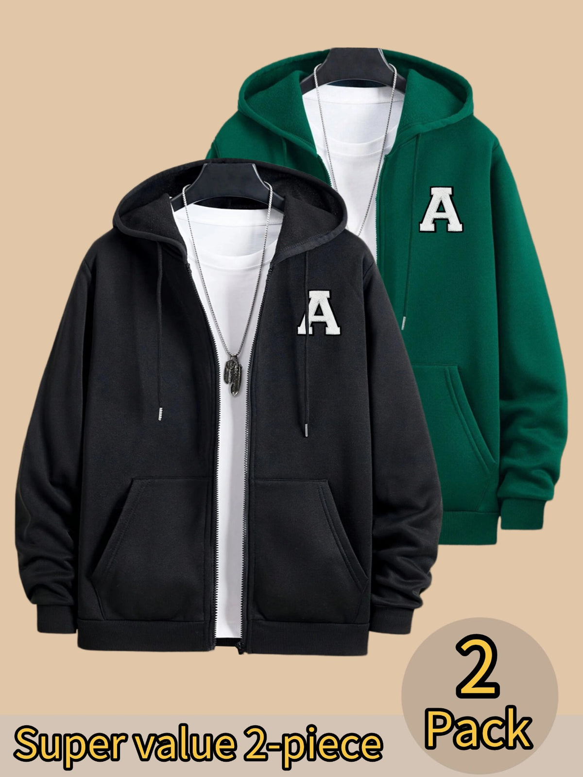 50% Cotton, 50% Polyester, 2-Pack Men's Zippered Hooded Fleece-Lined Sweatshirt, Men's Clothing, Long-Sleeve Fleece Jacket, Zippered Top, Hooded Sweatshirt, Pockets, Drawstring, Suitable for Outings, Casual Wear, Back-to-School Season - Black+Dark Green