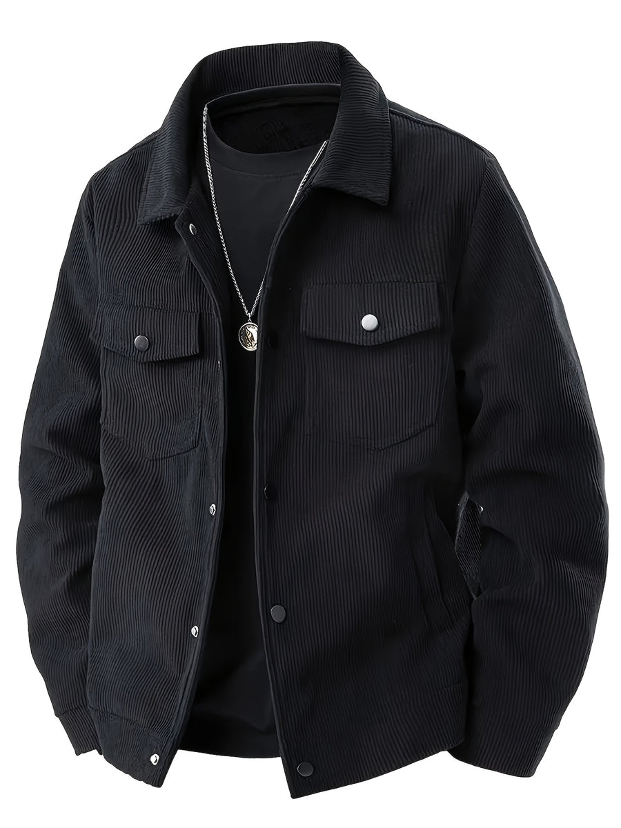 2pcs Men'S Corduroy Jacket Outerwear, Autumn Winter Warm Lapel Jacket, Multi-Pockets Top, Suitable for Casual Wear, Gift Option (2pcs Set, No Box) - Black + Army Green