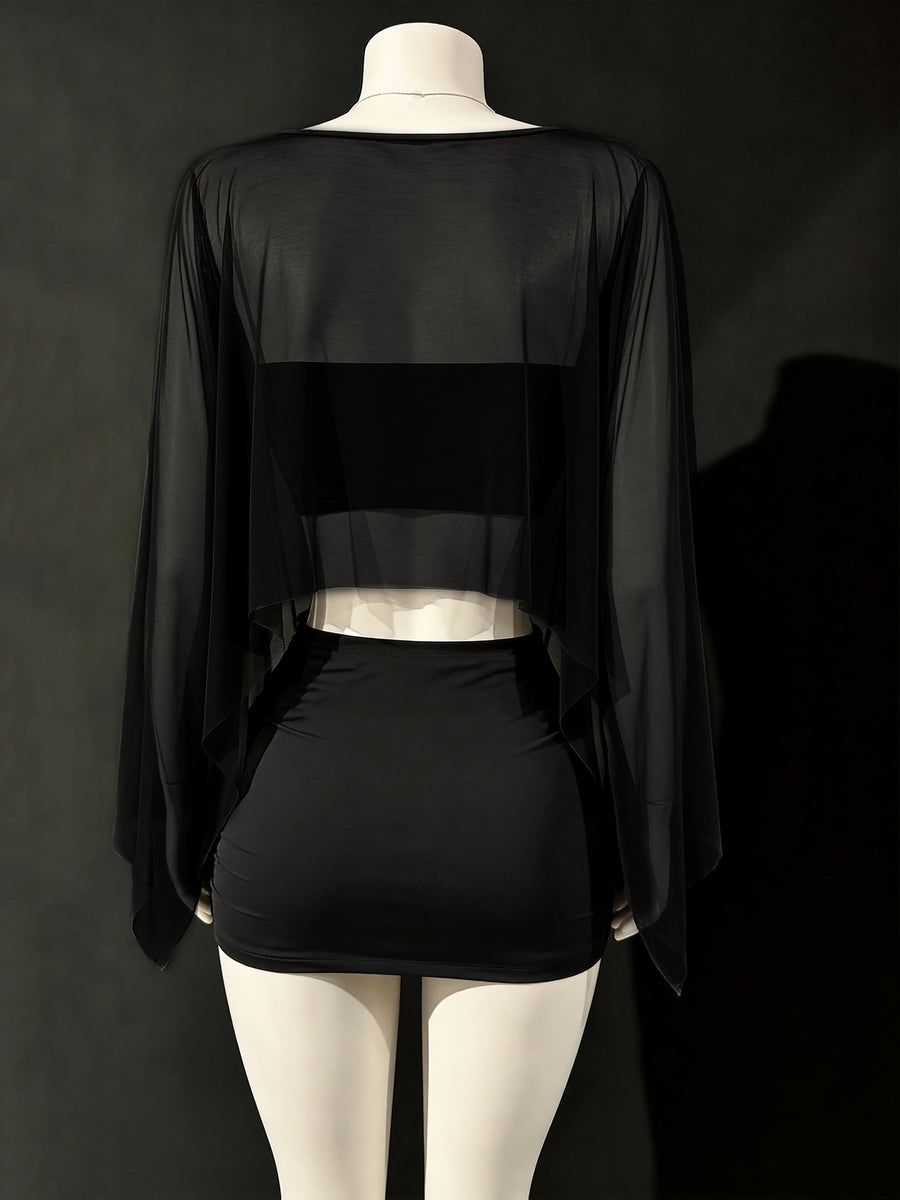 Y2K Sheer 3pcs Mini Skirt Set, Suitable for Shopping, Dating, Vacation, Beach, Holiday, Birthday, Party, Women'S Skirt Set - Black