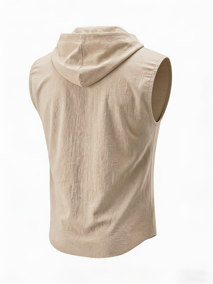 Pearson OBM European and American Summer Fashion Men's Solid Color Linen Breathable Hooded Sleeveless Vest 2026 New Trendy Style - Khaki