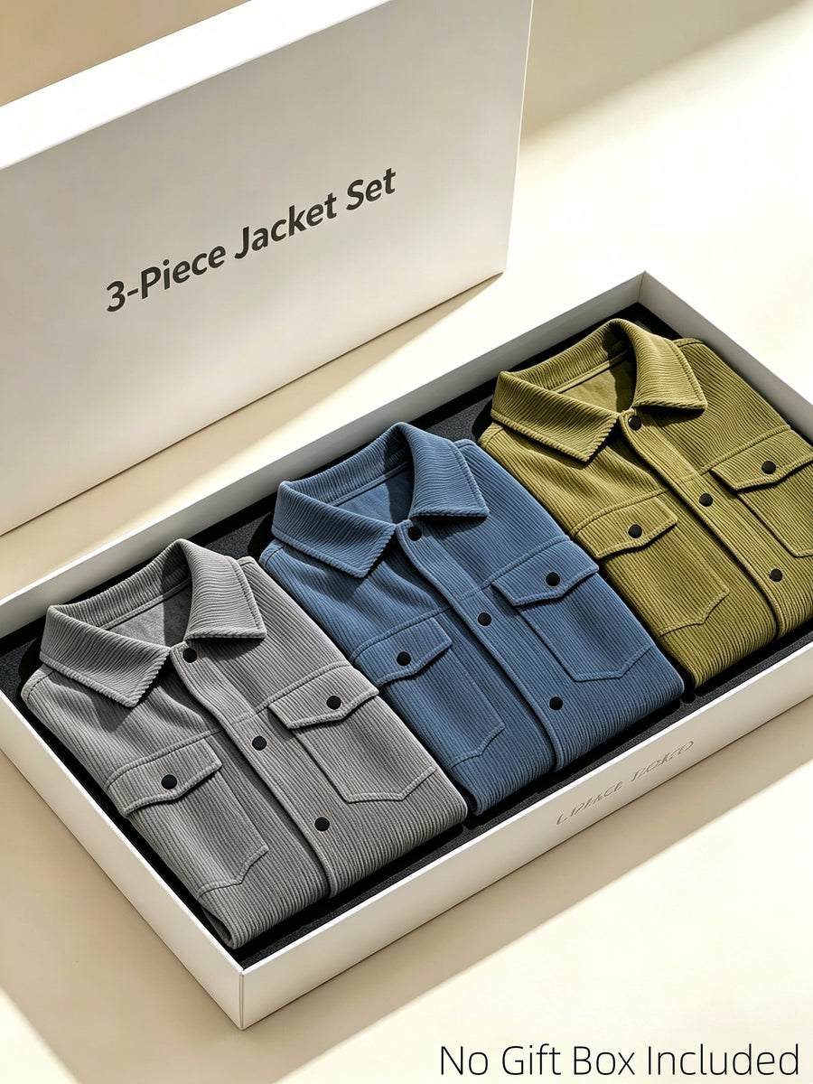 Men's Corduroy Lapel Jacket 3pcs Set, Multi-Pocket Single-Breasted Casual Shirt-Style Outerwear, Vintage Loose Fit Daily Commute Outfit Set, Gift Box Not Included - Gray+blue+khaki