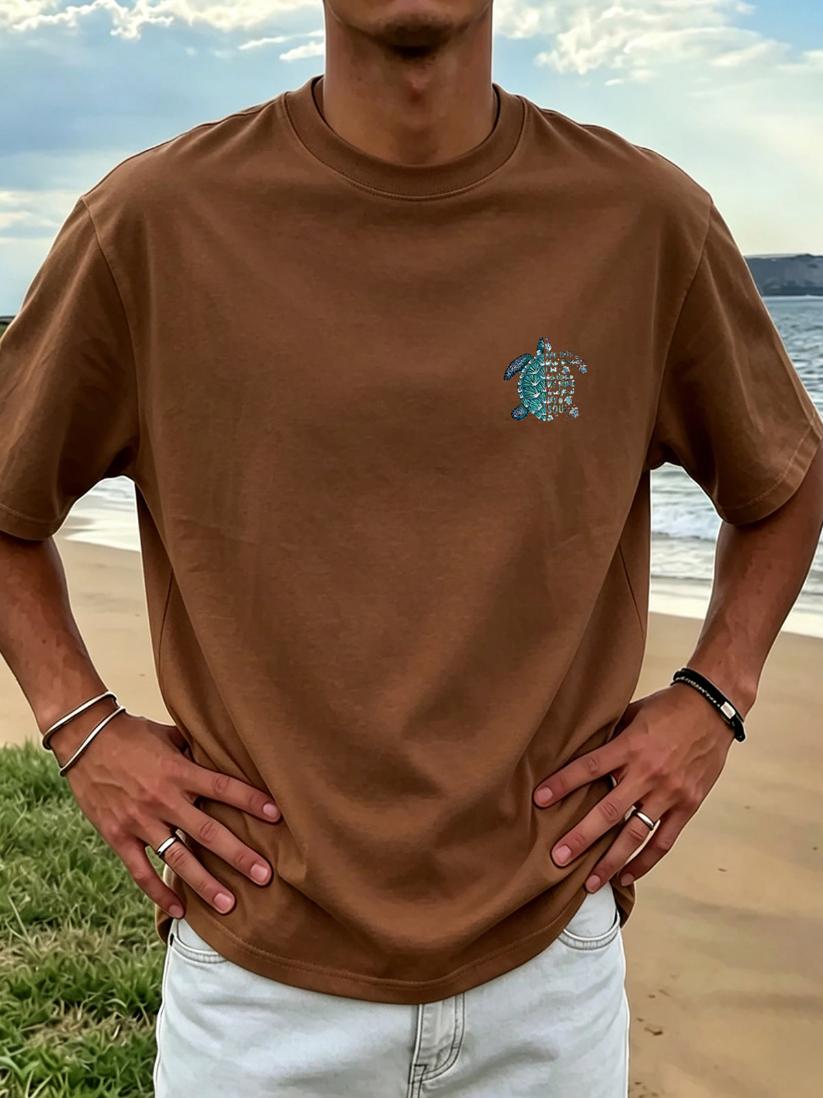 New Men'S 100% T-Shirt with Turtle Print, Comfortable And Breathable for Summer Casual Vacation - Coffee Brown