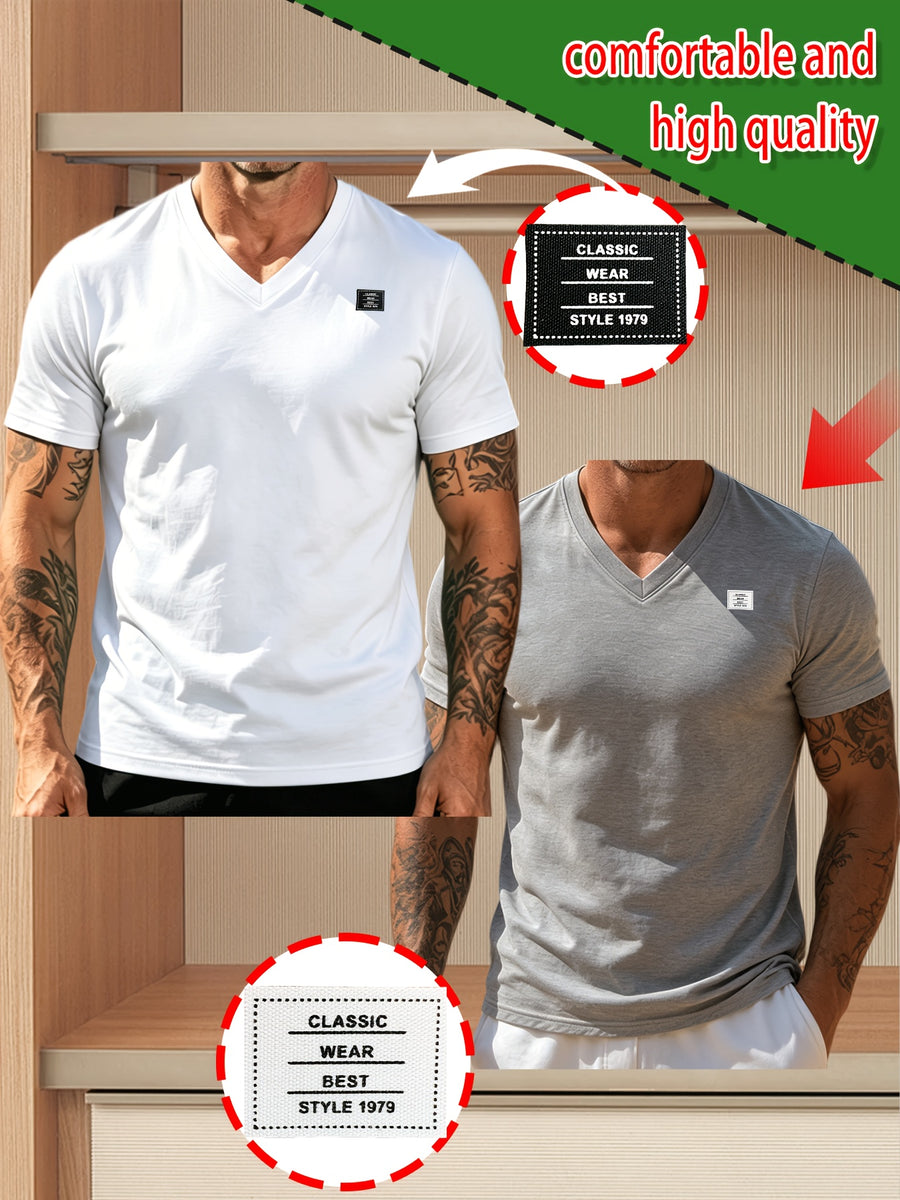 2pcs 100%, Men'S Knitted Solid V-Neck T-Shirt, Men'S T-Shirt New Chapter Design, Summer Global All-Season Base Layer Factory Made Men Comfortable High Quality High Fit Rate Casual Sports Top - White+Light Grey
