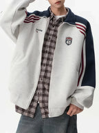 Men's Preppy Style Jacket, American Striped Color-Block Stand Collar Cardigan Sweatshirt, Men's Streetwear Brand, Loose Fit Casual Spring/Autumn Couple's Sport Jacket - Grey