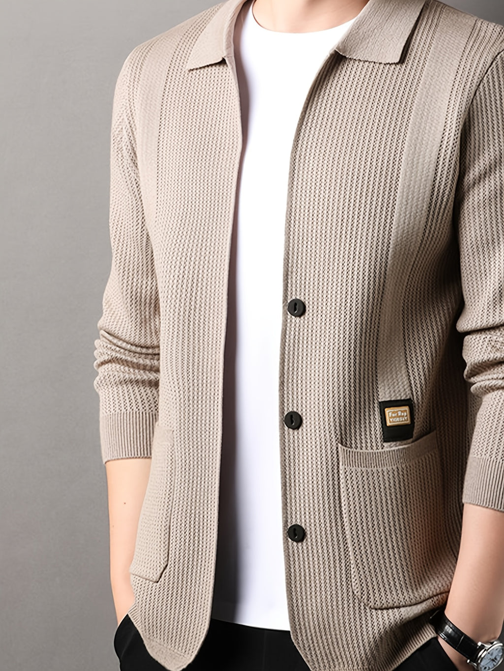 Men's Lapel Vertical Stripe Knit Cardigan Jacket, featuring a light business style with a mature and steady vibe, yet incorporating a sense of casualness. Flattering on all body types, suitable for men - SINBOS - Camel