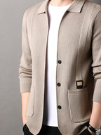 Men's Lapel Vertical Stripe Knit Cardigan Jacket, featuring a light business style with a mature and steady vibe, yet incorporating a sense of casualness. Flattering on all body types, suitable for men - SINBOS - Camel
