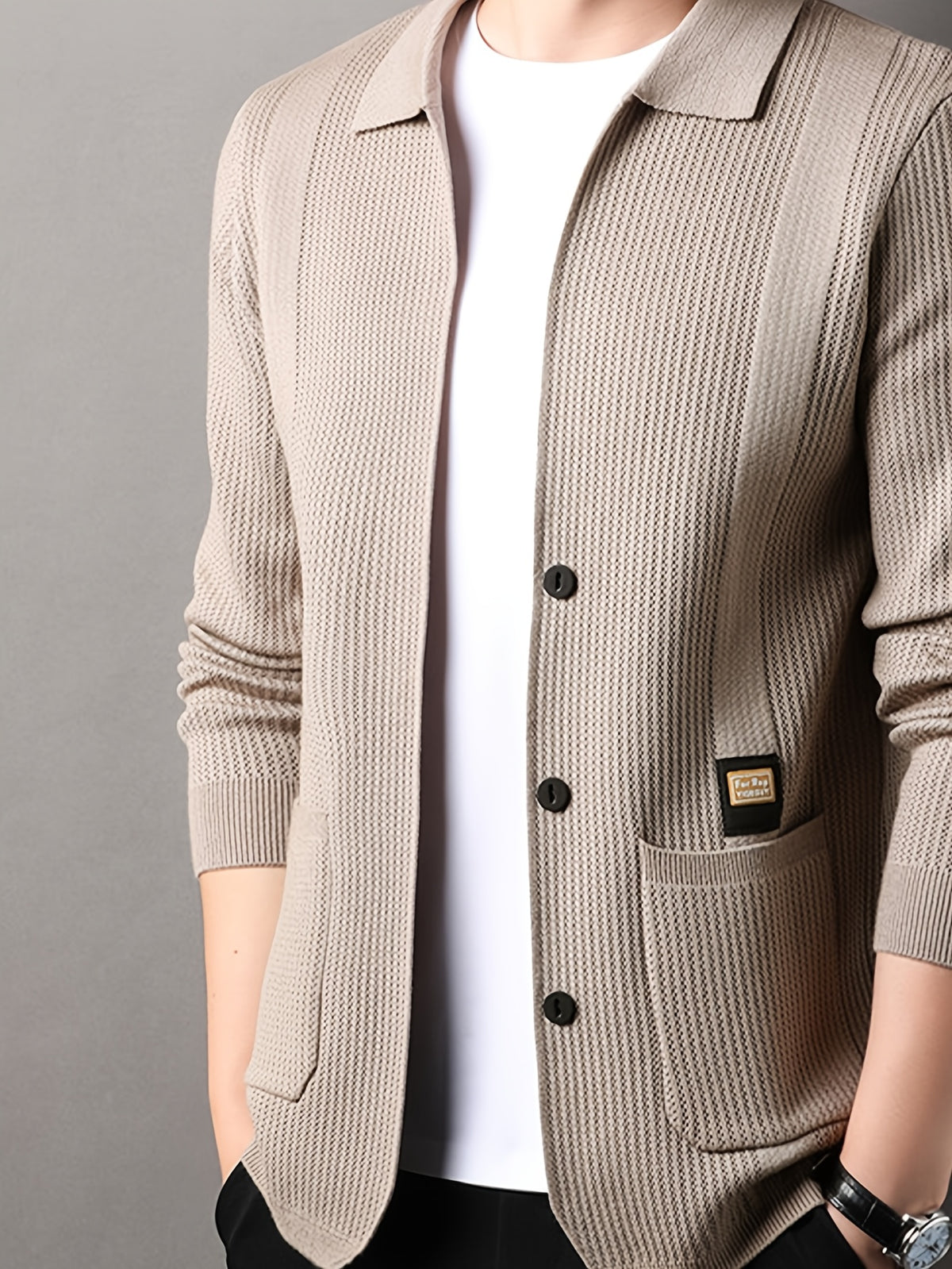 Men's Lapel Vertical Stripe Knit Cardigan Jacket, featuring a light business style with a mature and steady vibe, yet incorporating a sense of casualness. Flattering on all body types, suitable for men - SINBOS - Camel