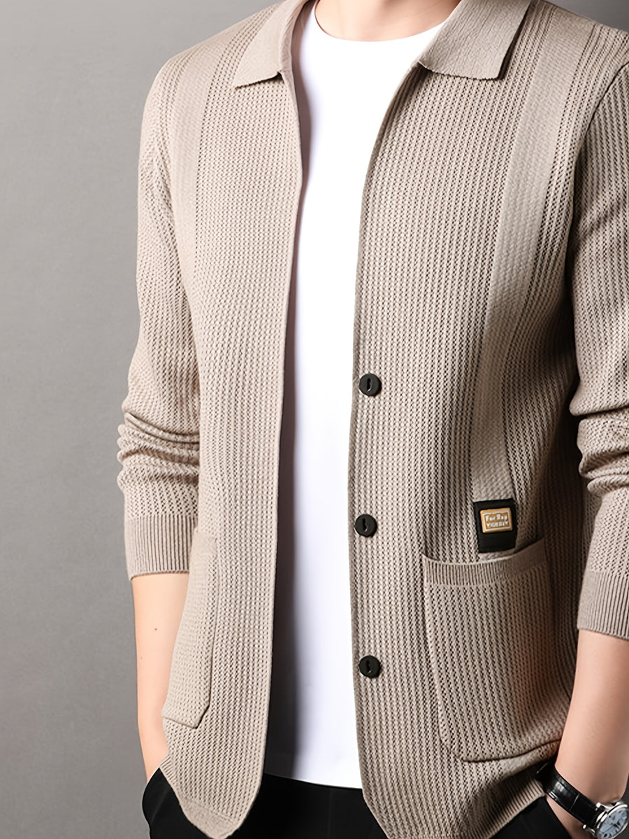 Men's Lapel Vertical Stripe Knit Cardigan Jacket, featuring a light business style with a mature and steady vibe, yet incorporating a sense of casualness. Flattering on all body types, suitable for men - SINBOS - Camel