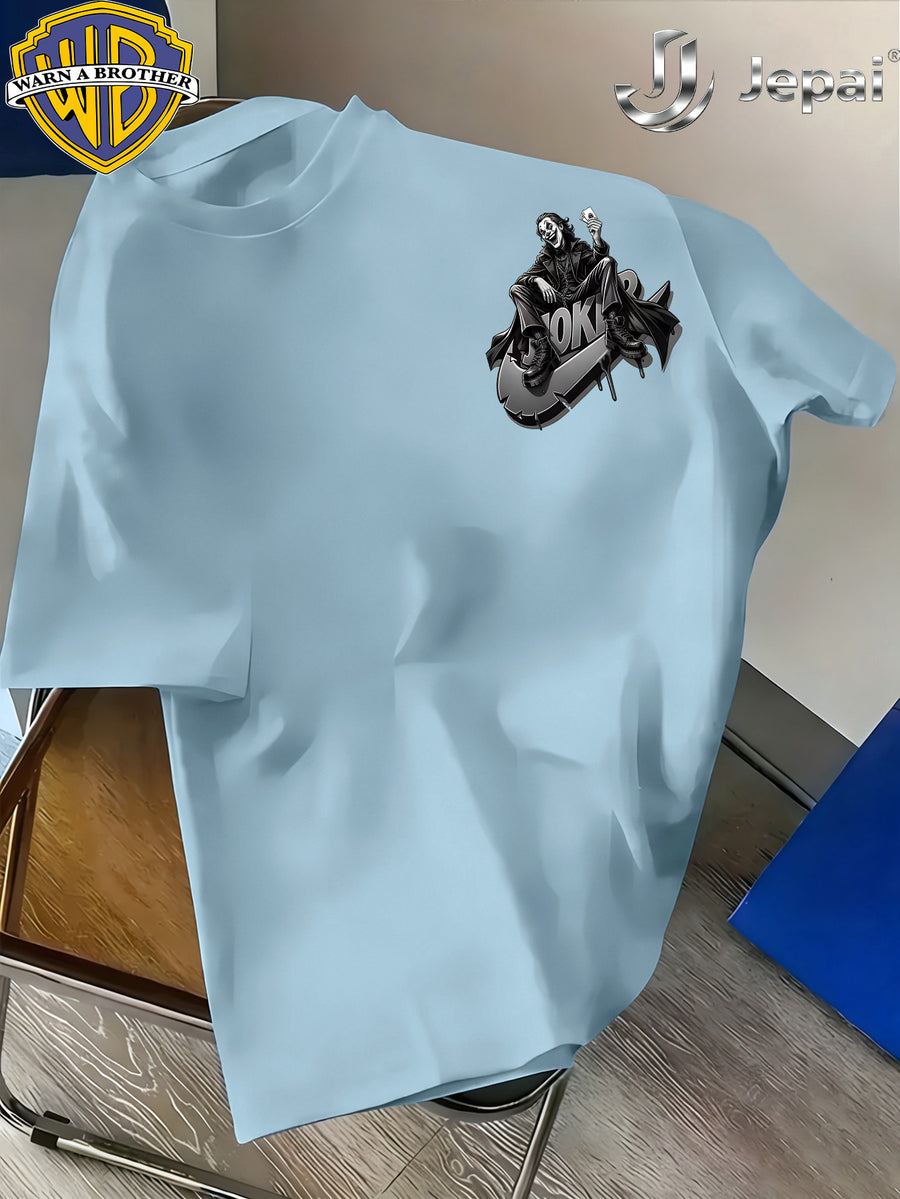 Warner Exclusive, Vintage Street Style DC Joker Themed Print Men's Summer Basic Daily Casual Short-Sleeve Top, Casual Crew Neck Shirt, Suitable for Outdoor Wear, Fitness, Office, and Daily Outfits, an Essential Item for Men's Basic Wardrobe - Light Blue